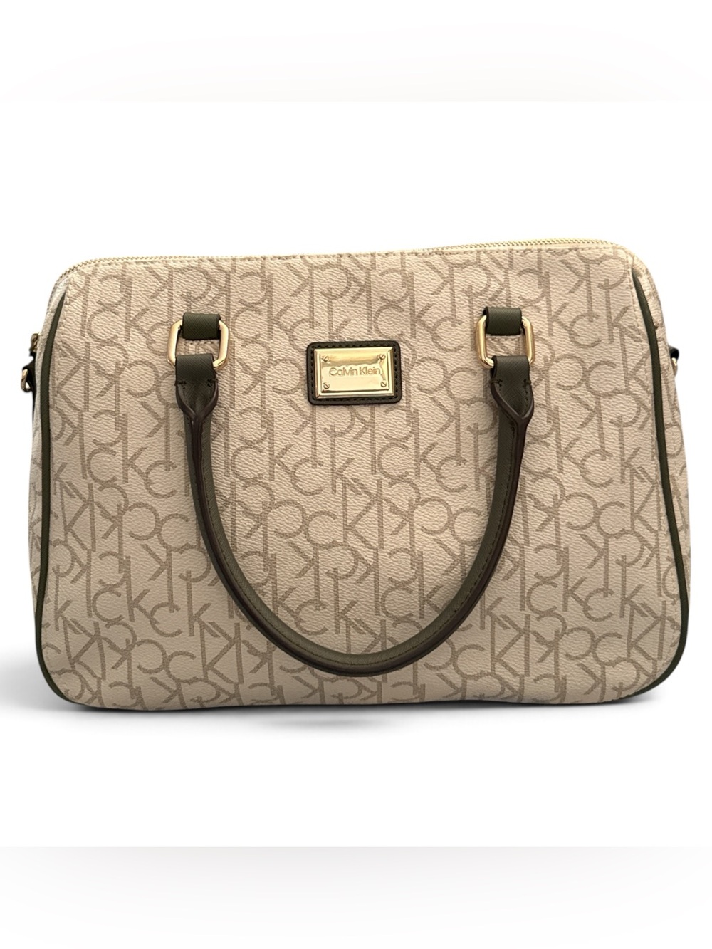 Calvin Klein Beige Monogram Satchel with Dark Brown Handles